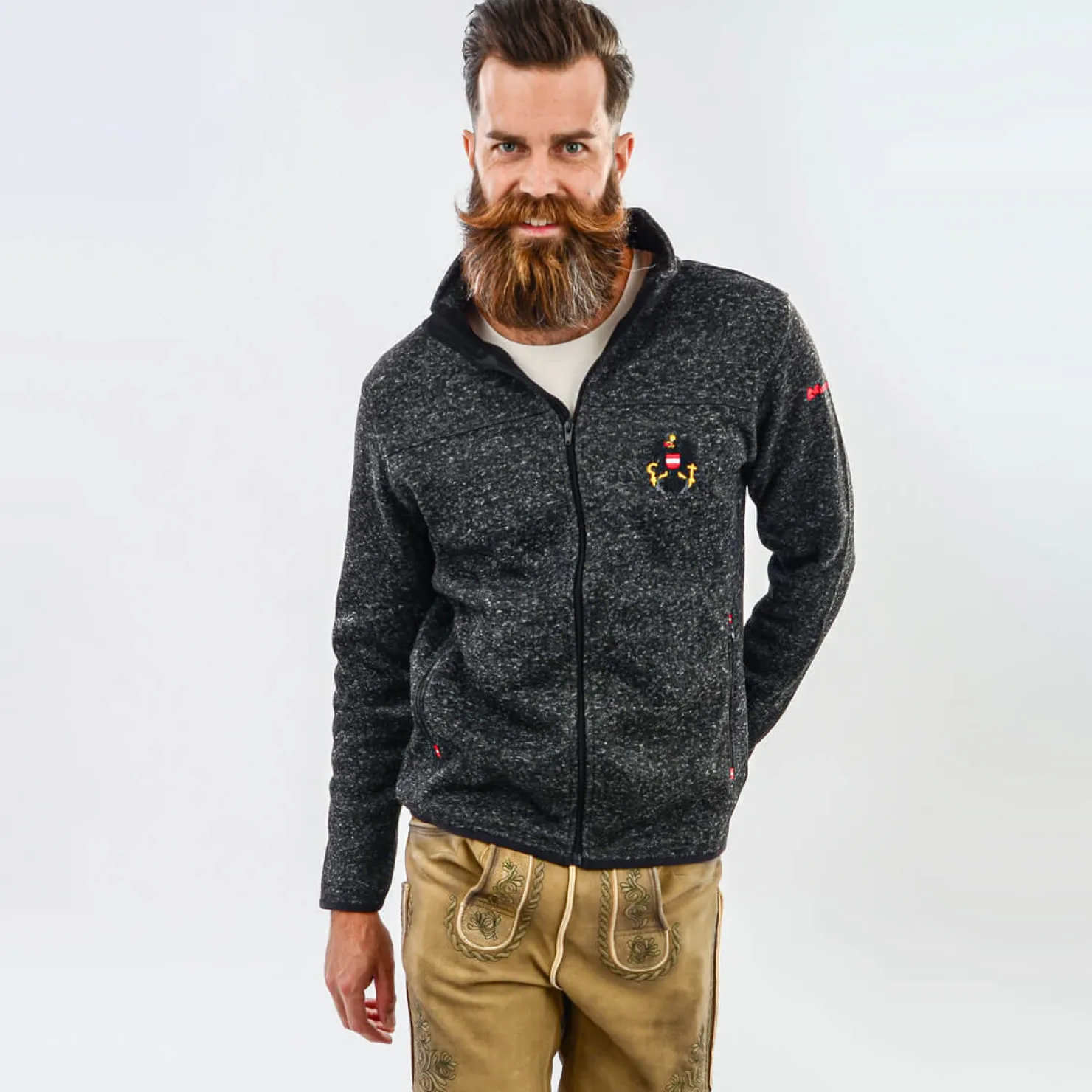 Zillertaler Trachtenwelt Jacken-Herren Strickfleece Jacke "Österreich", Anthrazit Grau